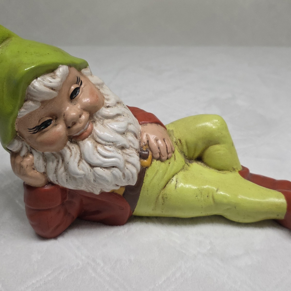 Vintage 70s Hand Painted Green and Red Reclining Garden Gnome Figurine